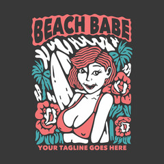 t shirt design beach babe with woman smiling in bikini and gray background vintage illustration