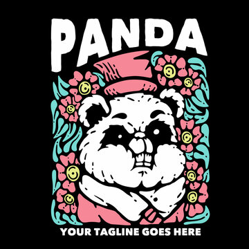 t shirt design panda with panda wearing hat and black background vintage illustration