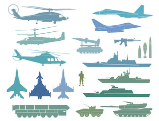 A set of silhouettes of military equipment. Aviation, ships and ground military forces. Vector graphics