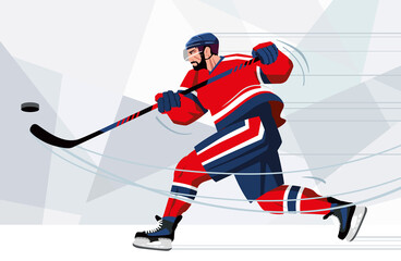 A stylish hockey player hits the puck with a stick. Red and blue uniform. Vector illustration