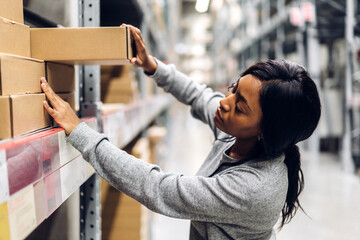 Portrait of smiling african american businesswoman order details checking goods and supplies on shelves with goods background in warehouse.logistic and business export