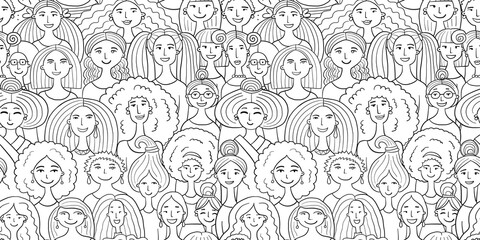 Women community. Big female family. Group of pretty girls. Team of girls. Colouring page. Seamless pattern background for your design