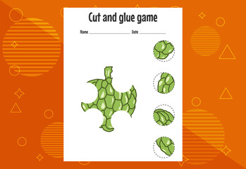 Cut and glue game for kids with fruits. Cutting practice for preschoolers. Education page