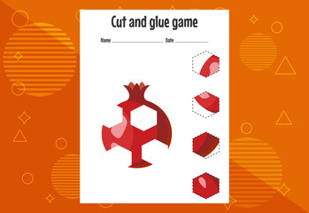 Cut and glue game for kids with fruits. Cutting practice for preschoolers. Education page