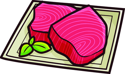 Fresh two pieces of fish meat on a brown plate cartoon illustration