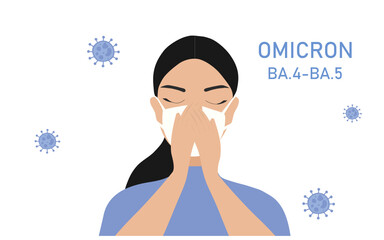 Omicron variant BA.4-BA.5 COVID-19. New strain of coronavirus. Woman with face mask coughing vector illustration