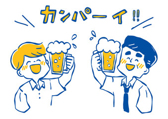 職場の上司と飲み会をしているイメージイラスト　男性　シンプルカラー