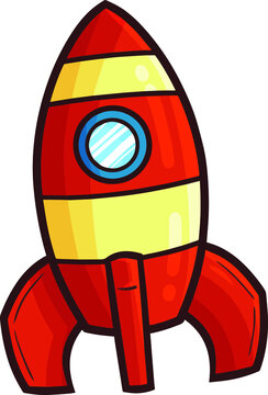 Great and rounded red yellow rocket ship in cartoon style