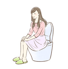 笑顔でトイレに入る普段着の若い女性＿背景なし