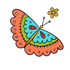 Ornate colorful butterfly, isolated on white. Cartoon for your design