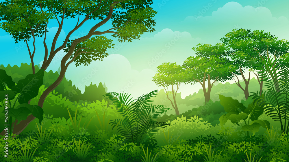 Wall mural wilderness with lush grass and trees tropical forest