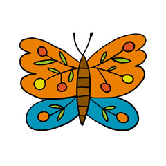 Ornate colorful butterfly, isolated on white. Cartoon for your design