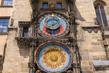 Prague Astronomical Clock attached to Old Town Hall at the main Old Town city square.