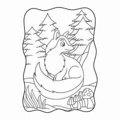 cartoon illustration The wolf is sitting relaxing in the middle of the forest and looking back as if someone is watching him book or page for kids black and white