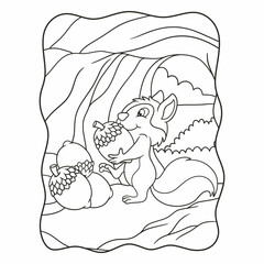 cartoon illustration the squirrel is collecting food supplies in the form of acorn nuts which are stored in his house on the tree book or page for kids black and white