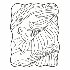 cartoon illustration a bird sitting on the leaves of a big tree high in the middle of the forest book or page for kids black and white