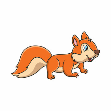 cartoon illustration a squirrel running towards food on a fallen tree trunk in the middle of the forest