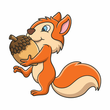 cartoon illustration the squirrel is collecting food supplies in the form of acorn nuts which are stored in his house on the tree