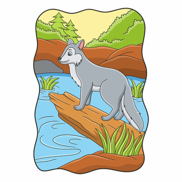 cartoon illustration the wolf is standing coolly on a fallen tree trunk by the river looking in the opposite direction