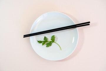 An empty plate photographed flat lay with chopsticks and parsley.