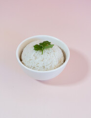 A studio shot of a bowl of rice on a plain background.