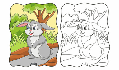 cartoon illustration The rabbit standing in the middle of the forest looks around for food book or page for kids