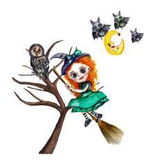Watercolor cute halloween illustration witch flying on a broomstick, tree without leavs with owl, isolated on white background. Halloween night with bats and moon.Children Cartoon happy halloween