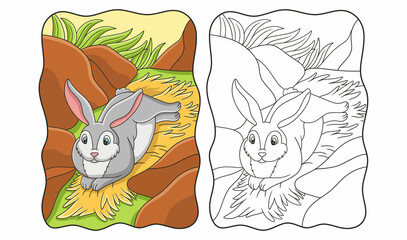 cartoon illustration the rabbit is lying on the hay under the cliff to enjoy the sunshine in the middle of the forest book or page for kids © Wahyu