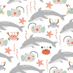 Marine seamless pattern with underwater animals. Repeating wild fish print for kids apparel