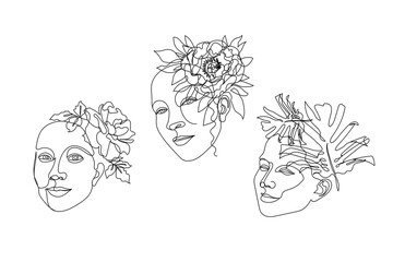 Set of one single line drawings of girl faces with flowers. Abstract minimalist trendy line art.
