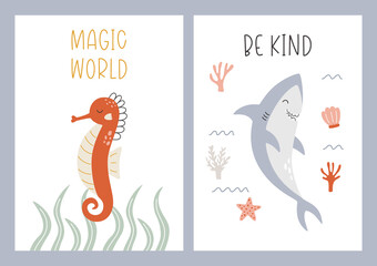 Set of posters with cute underwater animals. Vector illustration of seahorse fish and shark on postcard