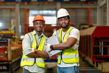 Portrait of African American technician engineer workers team inside the manufacturing factory line production.