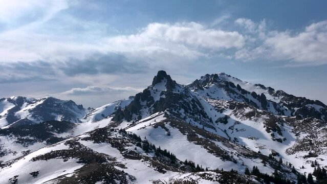 Aerial drone footage of Ciucas Mountain summit. Top of the mountain. Sunny day