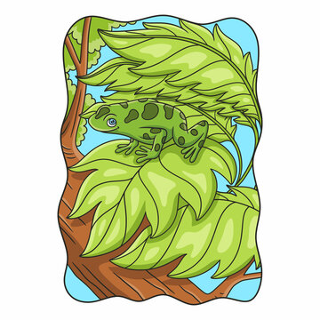 recommend clip art: cartoon illustration the frog is on the leaf of a tree that is thick and high in the middle of the forest