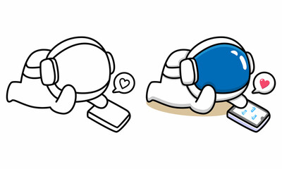 Cute astronaut with smartphone coloring page for kids