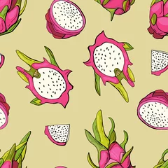 Foto auf Glas Red dragon fruit. Fruit seamless pattern with pitahaya. Design for fabric, textile, wallpaper, packaging. © Helga KOV