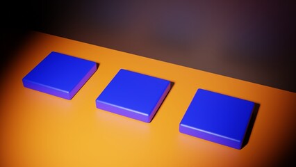 3D Rendering 3D illustration. Diagonal top view of an empty orange room with three blue bases.