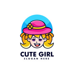Vector Logo Illustration Cute Girl Mascot Cartoon Style.
