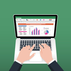 Spreadsheet on Laptop screen. Financial accounting report concept. office things for planning and accounting, analysis, audit, project management, marketing, research vector illustration.