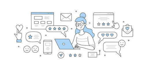 Fototapeta na wymiar Customer review and rating doodle concept. Female user sit at laptop giving online feedback for services in internet. Client positive or negative experience, ranking stars, Linear vector illustration