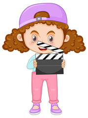 Cute girl cartoon character with curly pigtail hair holding film slate