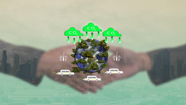 Energy Conservation Concept.Energy saving collaboration, Alternative energy use and the changing world, electric car in concept of green energy and eco power produced reduce CO2 emission.