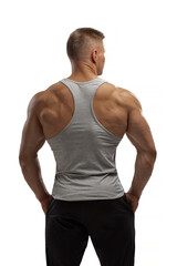 Hight-level bodybuilder posing in tank-top in white background