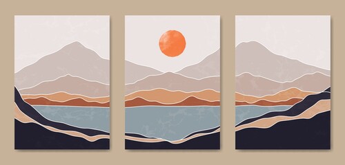 Set of three Abstract Aesthetic mid century modern landscape Contemporary boho poster cover template. Minimal and natural Illustrations for art print, postcard, wallpaper, wall art, home decor.