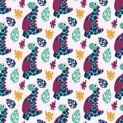 Cartoon funny dinosaurs and tropical leaves seamless pattern vector. Hand-drawn colorful tropical surface design with animals and plants. Childish vibrant endless texture