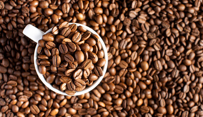 Roasted coffee beans in a white mug on a background of coffee beans.