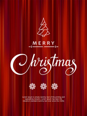 Merry Christmas holiday poster with lettering on red curtain. Vector theatrical scene for greeting. Holiday Christmas template with white text and decoration