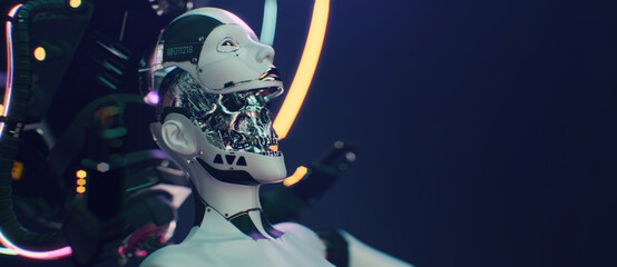 Obraz na płótnie Canvas Artificial Intelligence template a Fembot Cybernetic organism futuristic concept design with copyspace