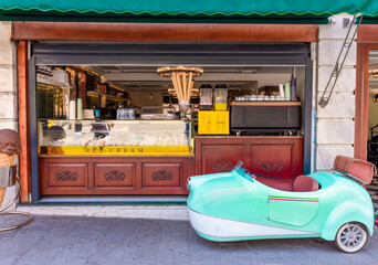 Turkey, ice cream cafe in colorful Istanbul Karakoy old historic neighborhood near Galata Tower.