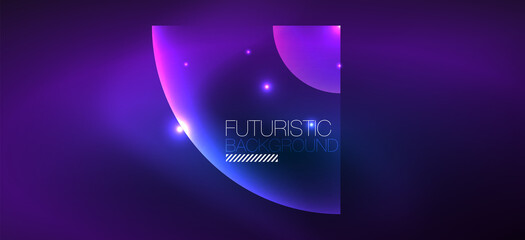 Shiny neon geometric abstract background. Glowing lights on round shapes, triangles and circles. Wallpaper for concept of AI technology, blockchain, communication, 5G, science, business